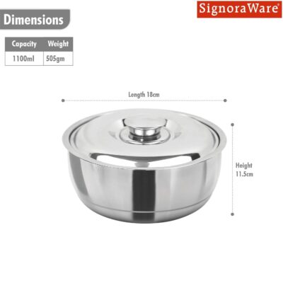 Signoraware Belly Shape Double-Wall Stainless Steel Casserole (1100 ml, Silver) | Insulated Thermal Hot Pot | Mirror Finish Serving Bowl | Self-Locking Press Lid | Keeps Food Hot up to 8 Hours
