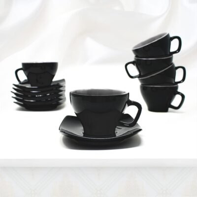 The Earth Store Ceramic Black Shine Microwave Safe Tea Cup Set with Saucer Ideal Best Gift for Friends, Family, Home, Office use, Kitchen Cup Set (Set of 6)