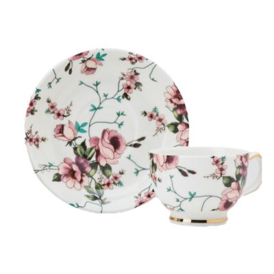 GOLDEN QUEEN'S Cup & Saucer Set | Perfect for Hosting & for Tea/Coffee Lovers | Handcrafted in India, Inspired by Florals & 24-Carat Gold Foot | 6 Cups & 6 Saucers |170 ml - Pink Petal Vine Tea Set