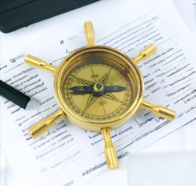 NORVILLE Antique Brass Ship Wheel Compass Paperweight
