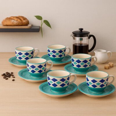 KITTENS Handmade Ceramic Tea Cup & Saucer Set of 6 – 180ml, Royal Blue, Handpainted Stoneware | Microwave & Dishwasher Safe | Indian Pottery Gift Set for Tea Lovers, Office & Home Use