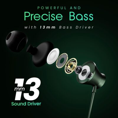 HAMMER Nova in Ear C Type Earphones Wired with Mic,13mm Driver, in-line Control, Metallic Built, Powerful Bass, Comfortable & Lightweight (Green)