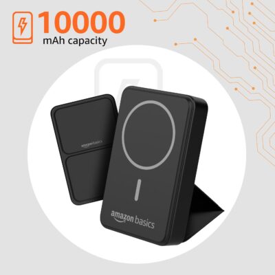 Amazon Basics 10000mAh Power Bank | 20W PD Wired & 15W Wireless Fast Charging | Type-C Input/Output | Magnetic Ring | Made in India (Black)