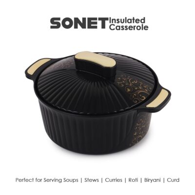 Cello Sonet Inner Stainless Steel Insulated Casserole (1250 ml, Black) | Double-Walled Hot Pot | Twist-Lock Airtight Lid | Easy-Grip Handle | Keeps Food Hot for Hours | Ideal for Kitchen & Gifting