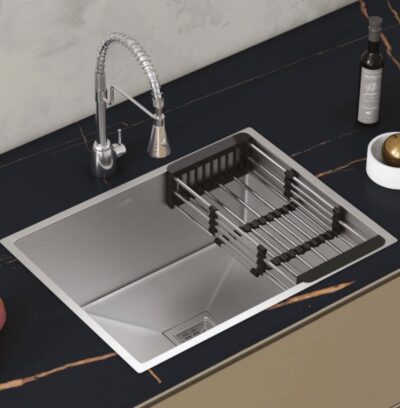 HAPPY HOMES Modular Kitchen Sink (24X18X10 Inch), Matte Satin Finish 304 Grade Stainless Steel with Nanocoated Undercoating |Square Coupling and Metal Fruit Basket | 7 Years Warranty