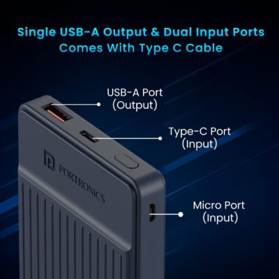 Portronics Luxcell B12 10000mAh Power Bank | 12W Fast Charging | Dual Input (Type-C & Micro USB) | Slim, Lightweight, Made in India (Dark Blue)