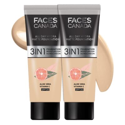 FACES CANADA All Day Hydra Matte Foundation | 3-in-1 Foundation + Moisturizer + SPF 30 | 24 HR Aloe Hydration & Vitamin C | 10HR Long Wear | Medium to High Buildable Coverage | Absolute Ivory | Pack of 2