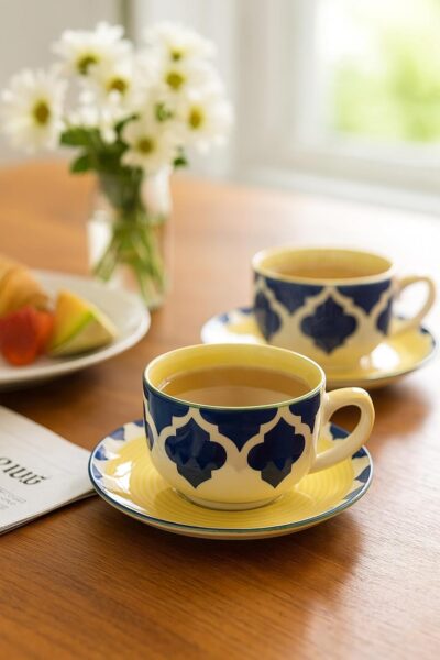 KITTENS Handmade Ceramic Tea Cup & Saucer Set of 6 – 180ml – Yellow & Blue – Handcrafted Pottery – Microwave & Dishwasher Safe – Indian Tea Set & Diwali Gift for High Tea & Festive Gifting