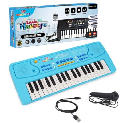 Wembley Rechargeable Kids Piano with Mic| Rechargeable Electronic Keyboard Musical Toy for Kids| with 37 Keys, 8 Rhythms, 8 Tones, 6 Demo Functions, Microphone & Recording (Blue)