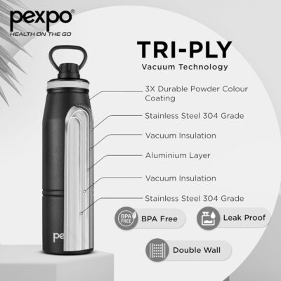 Pexpo Altros Pro 1000 Stainless Steel Hot & Cold Vacuum Insulated Flask - 940ml | RCB Edition | with Loop Handle |Thermos Water Bottle| Ideal for Gym, Sports, Trekking, Home - Knight Black