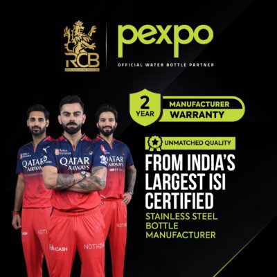 PEXPO Flamingo 1000 ml ISI Certified Stainless Steel Hot & Cold Flask, Denim Blue (RCB Edition) | Tri-Ply Vacuum Technology | Leak Proof | 2-Year Warranty | With Jute Carry Bag | Ideal for Office, School, Travel & Trekking