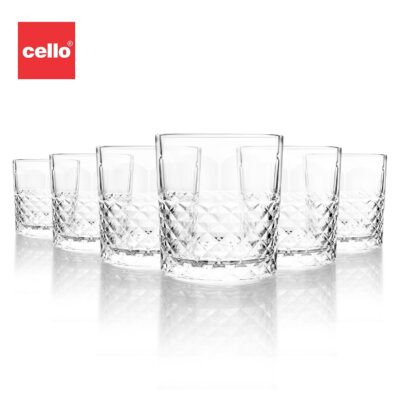 CELLO Unity Rock Tumbler Glass Set 325 ml Set of 6 | Premium Glass Tumblers for Whiskey Soda and Other Beverages