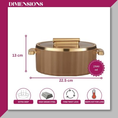 Trueware Sterling Inner Steel Casserole (2500 ml, Brown) | PU Insulated | BPA-Free & Odour-Proof | Food-Grade Stainless Steel Hot Pot | Ideal for Roti, Chapati, Curd, and Meals