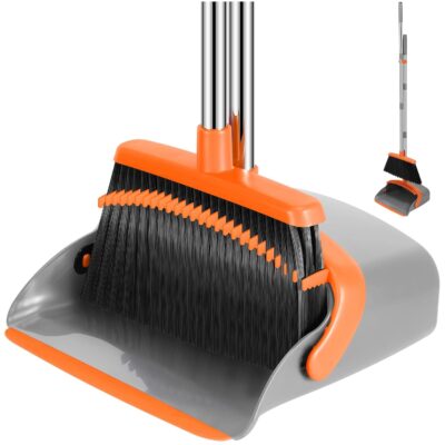 nacena Stainless Steel Broom and Dustpan Set, 52-in Long Adjustable Handle Broom Dustpan Combo with Dustpan Teeth to Automatically Clean Hair Suitable for Home Kitchen Office Hall Floor?Grey&Orange?