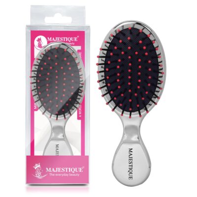 Majestique Mini Pocket Detangling Brush – Soft Ball-Tipped Nylon Bristles Paddle Comb for Kids & Adults | Wet & Dry Hair Styling Brush for Travel & On-the-Go Grooming | Color May Vary