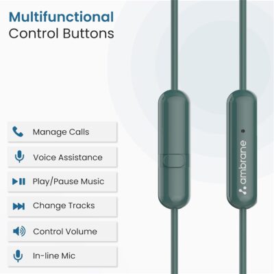 Ambrane Wired in Ear Earphones with in-line Mic for Clear Calling, 14mm Dynamic Drivers for BoostedBass, 3.5mm Jack, Multi-Functional Controller (Stringz 38 Lite, Green)