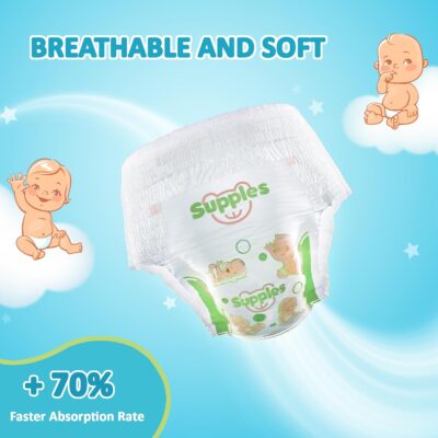 Amazon Brand - Supples Premium Baby Diaper Pants | 62 Baby Diapers | Large | 9-14 Kg | 12 Hrs Absorption | Cushiony Cotton Soft Fabric | Phthalates-Free | Triple Leak Guard
