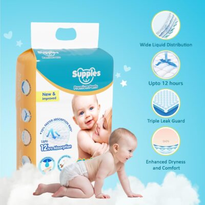 Amazon Brand - Supples Premium Baby Diaper Pants | 72 Baby Diapers | Medium | 7-12 Kg | 12 Hrs Absorption | Cushiony Cotton Soft Fabric | Phthalates-Free | Triple Leak Guard
