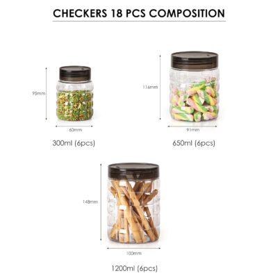 CELLO Checkers PET Canister Set of 18 (300ml x 6, 650ml x 6, 1200ml x 6) | Transparent | Food-Grade | Airtight | Stackable Storage Containers for Grains, Pulses, Spices, Cereals, Cookies & Dry Fruits