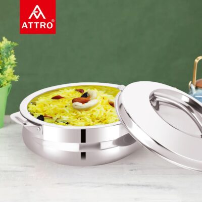 ATTRO Bella Stainless Steel Insulated Casserole (2000 ml, Silver) | Chapati Box with Easy Side Locking Lid | Double-Walled Hot & Cold Food Storage | Mirror Finish | Ideal for Home & Kitchen