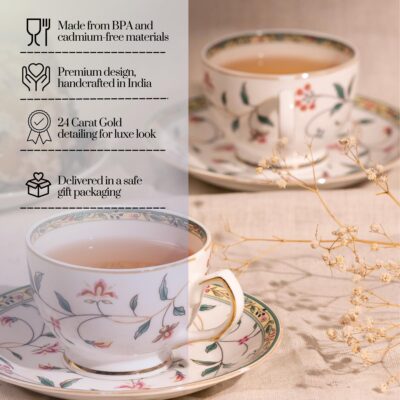 GOLDEN QUEEN'S Cup, Saucer & Spoons Set | Perfect for Hosting & for Tea/Coffee | Handcrafted in India | 24-Carat Gold Details | 6 Cups, 6 Saucers & 6 Spoons | 170 ml - Leafy Blush & Pink Charm
