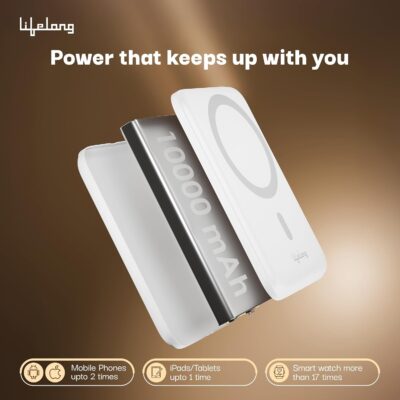 Lifelong Flux 10000mAh MagSafe Wireless Power Bank | 22.5W Wired & 15W Wireless Fast Charging | QC 3.0 | With Magnetic Ring – White