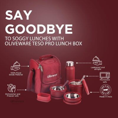 SOPL-OLIVEWARE Teso Pro Lunch Box with Steel Cutlery | 3 Microwave-Safe Containers (290 ml, 450 ml, 600 ml) + Pickle Box (130 ml) + Steel Bottle (750 ml) |