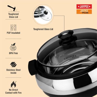 Jaypee Glasserol Inner Stainless Steel Serving Casserole (1700 ml, Black) | PUF Insulated Hot Box with Toughened Glass Lid | Double-Walled Roti Box | Easy to Carry | Food-Grade & Stackable