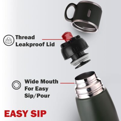 CELLO Duro Cup Style Thermosteel Flask, 750ml, Military Green | 24 Hours Hot & Cold Bottle | Dual Purpose Cup & Cap| Flask for tea coffee | Ideal For Office, Gym, Home, Kitchen,Trekking, Travel Bottle