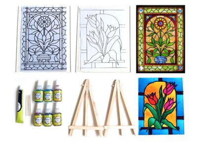 The Brown Box DIY Glass Painting Kit – Acrylic Sheets (15×20 cm), 6 Glass Colors, Outliner, Design Templates & Easel Stands – Hobby Craft Kit for Kids & Adults, Corporate Workshops, Diwali DIY Activity & Gift