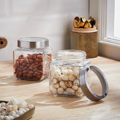 SITOVI Premium Qube Glass Jars | Set of 4 (580 ml Each)