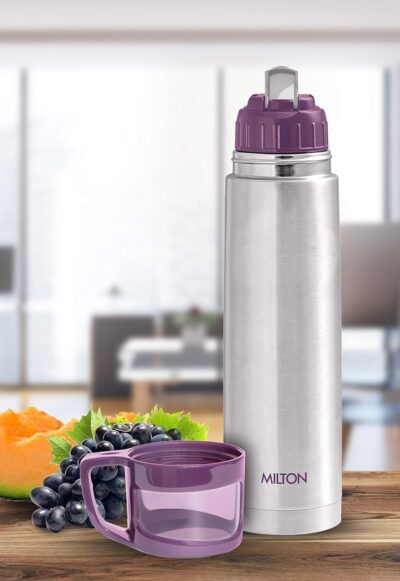 Milton Glassy 1000 Thermosteel Water Bottle, 1 Litre, Purple | 24 Hr Hot & Cold | Cup Lid | Vacuum Insulated | Leak Proof | Carry Bag Included | Stainless Steel | Ideal for Office, Gym & Travel
