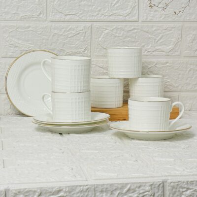 Femora Ceramic Gold Line Square Cut White Cup with Saucer Set of 12 Pcs | Tea/Coffee Cups 200 ml | Microwave & Dishwasher Safe | Bone-Ash Free | Crockery Set Ideal for Daily Use & Gifting, White