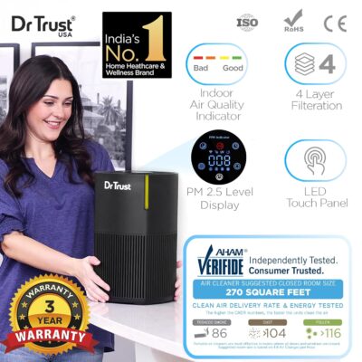 Dr Trust USA Zurich Portable Room Air Purifier, HEPA Filter UV 4 Stage Filtration & Air Quality Monitoring, Low Noise, 360° Air Inlet Removes 99.97% Pollutants Dust, Smoke, Bacterial Particles (Black)