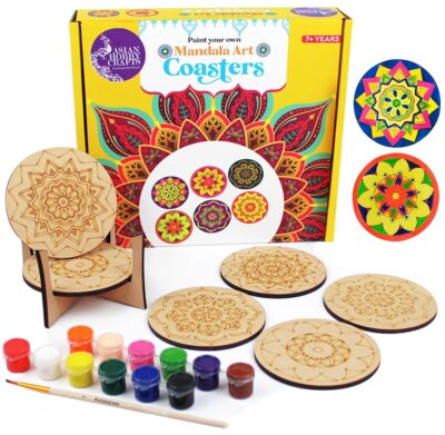 Asian Hobby Crafts DIY Coaster Painting Kit - 6 Pre-Marked Coasters, Paint and Brush Set | Mandala Art and Craft Kit for Kids & Adults (4-12 Years) Painting and Coloring Kit for Birthday Return Gift