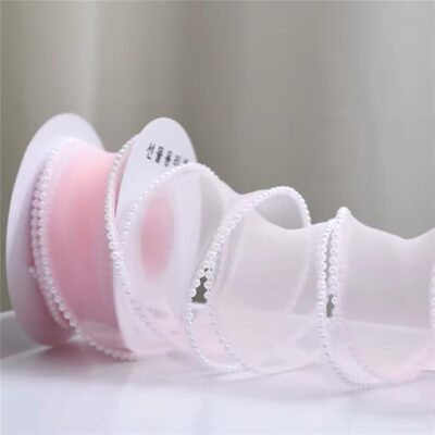 UKIYO | Pearl Net Gift Ribbons (L=5 Yard, W=1.5 inch) Luxury Organza Ribbon for Flower Bouquet Packaging, Craft Wrapping Valentine's Day Wedding Birthday Bouquet Garland (Light Pink)