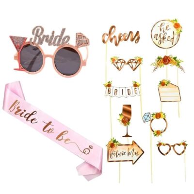 Shimmers 41 Pcs Bride to Be Party Decoration Set Satin Sash, Fun Glasses & Photo Props Bachelorette Decorations, Hen Party Accessories & Bridal Shower Supplies for Bride Squad Celebrations