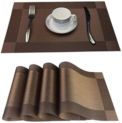 P-Plus International Washable PVC Vinyl Heat Resistant Dinner Table Mats Placement Easy to Wash Cleaning Both Side Usable (Set of 4, Brown)