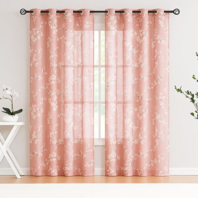 BFAM Sheer Curtain with Floral Print, Premium Printed Sheer Drapes, Eyelet/Grommet Curtain for Living Room, Bedroom, Light Filtering Curtains, Pink Floral 6 Feet,Pack of 1 Curtain