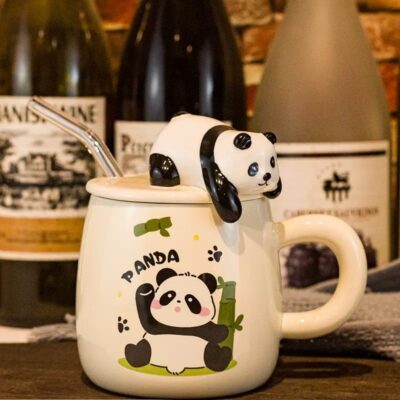 Vasukie 3D Panda Ceramic Coffee Mug with Lid & Glass Spoon, Gift for Brother, Birthday, Rakhi, Panda Mug White, 420ml