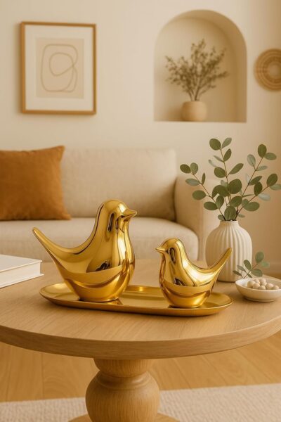 Xtore Ceramic Golden Blessing Birds Figurine for Home Decor | Living Room, Bedroom, Office Desk, Cabinets - (Pack of 2, Golden)