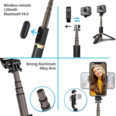 Portable Selfie Stick,Handy Tripod with Detachable Wireless Remote&Mini Tripod Stand for iPhone 13 12 11 Pro Xs Max Xr X 8 7 6 Plus,Smartphone (Without Light)(Black) Pack of 1