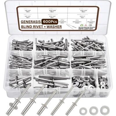 Aluminium Blind Rivet & Flat Washer Assortment Set (600 Pcs) – 6 Rivet Sizes + 3 Washer Sizes | POP Rivets + Zinc Washers