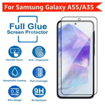POPIO Military-Grade Gorilla Tempered Glass For Samsung Galaxy A35 / A55 / M35 (Black) 9H Hardness, Edge-to-Edge Full Coverage, Anti-Scratch, Bubble-Free, Ultra Clear HD Glass, Oleophobic Coating, Face ID Compatible