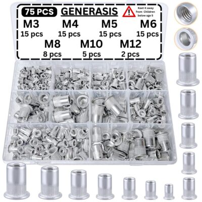 Metric Rivet Nut Kit – Zinc Plated Flat Head Knurled Threaded Inserts (M3–M12, 75 Pcs, 7 Sizes)