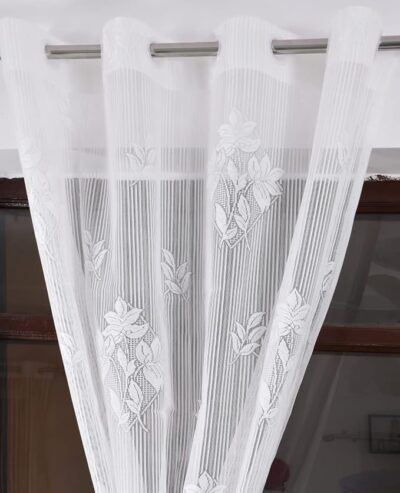 Floral Net Semi Transparent Window Semi Sheer Grommet Curtains 5 Feet Set Of 2, White