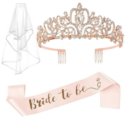 3pcs Bride to Be Decoration, Party Decorations, Bride to Be Props, Pink Strip With Rose Gold Letters, Rose Gold Crown, and Lace Veil for Single Party Props, Used for Bridal Decoration, Wedding