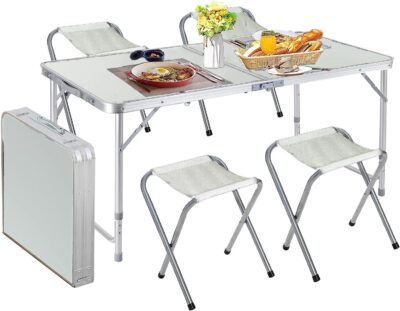 Ignito 4 Feet Multipurpose Aluminum Folding Camping Table with 4 Oxford Mat Chairs & Carrying Handle | Height Adjustable Table for Picnic, Hiking, Garden, Outdoor & Indoor Use (1)