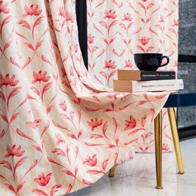 Urban Space Flowers Cotton Curtains for Long Door, 60-65% Light-Filtering Room Darkening Decorative Curtains, Readymade Tieback Curtain with Eyelet Set of 2 (Water Lily - Red, 8 feet x 4 feet)