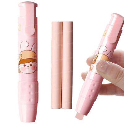 Cute Pink Retractable Pen Eraser with Bunny Design + 2 Refills
